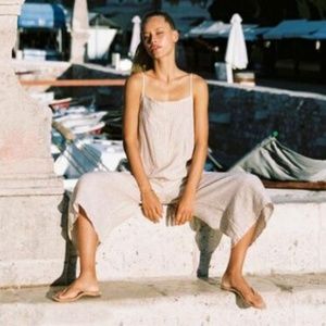 VITAMIN A LINEN CARAMEL STRIPE CAPRI JUMPSUIT M